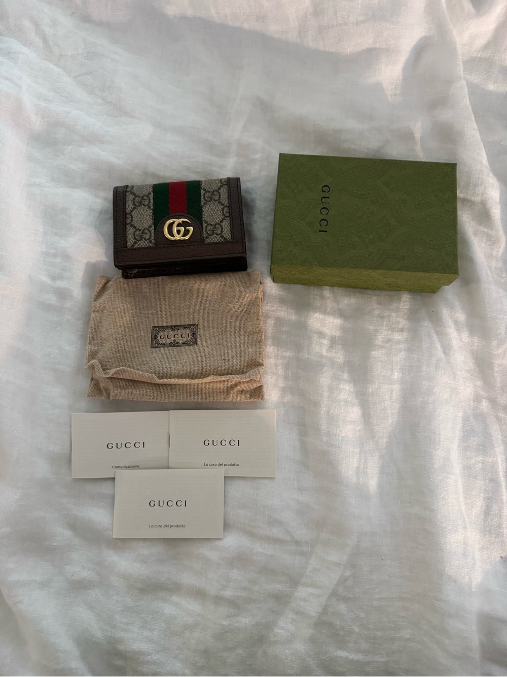 Gucci GG Supreme Tri-Fold Wallet with Green and Red Web Stripe